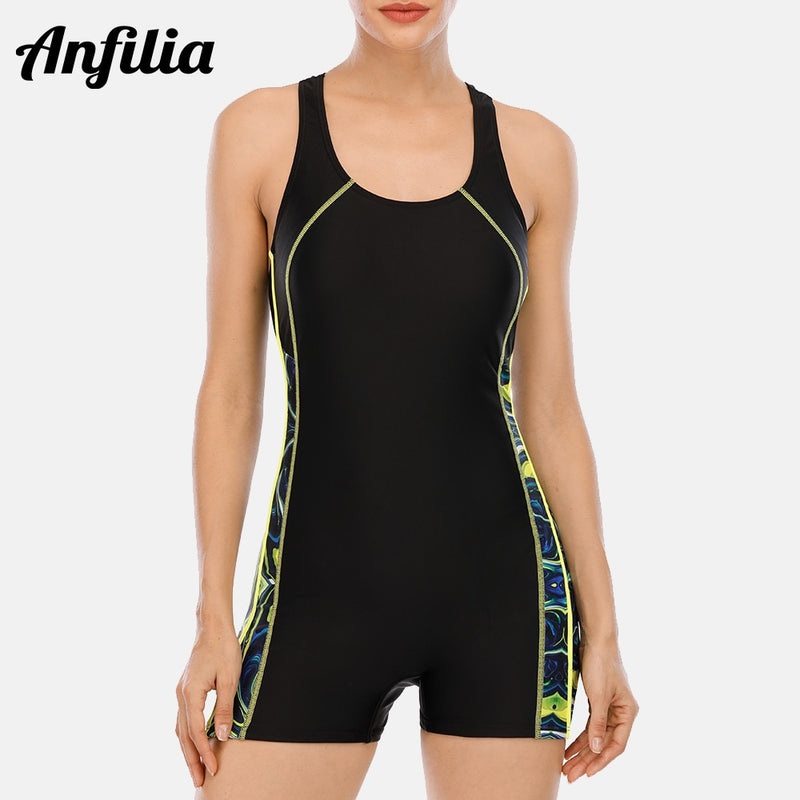 Anfilia una pieza mujer Pro deportes traje de baño Boyleg deporte traje de baño Patchwork Bikini ropa de playa traje de baño