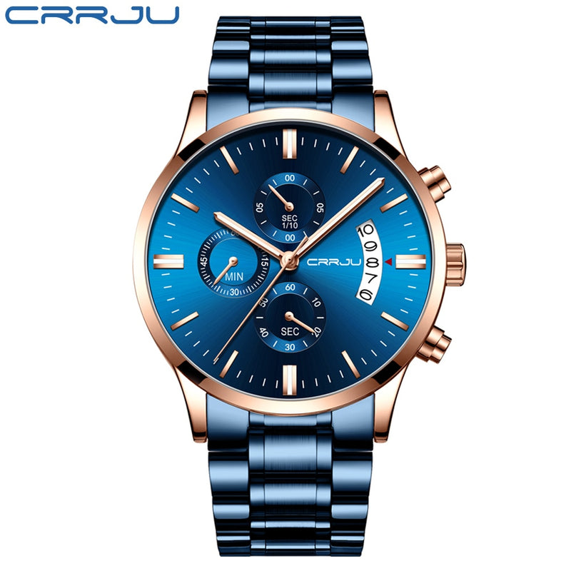 Herrenuhr CRRJU Edelstahl-Mode-Armbanduhr für Herren Top-Marke Luxus wasserdicht Datum Quarzuhren relogio masculino