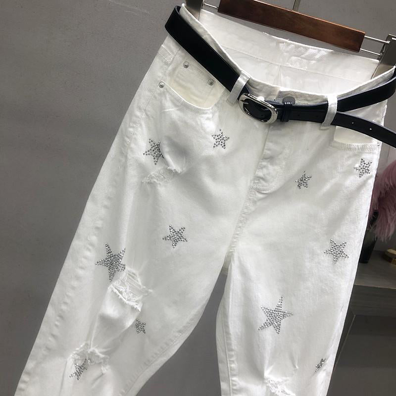 Primavera otoño moda de Corea mujeres pantalones vaqueros blancos de cintura alta Vintage agujero pantalones de mezclilla sueltos Casual tobillo-longitud Harem pantalones D436