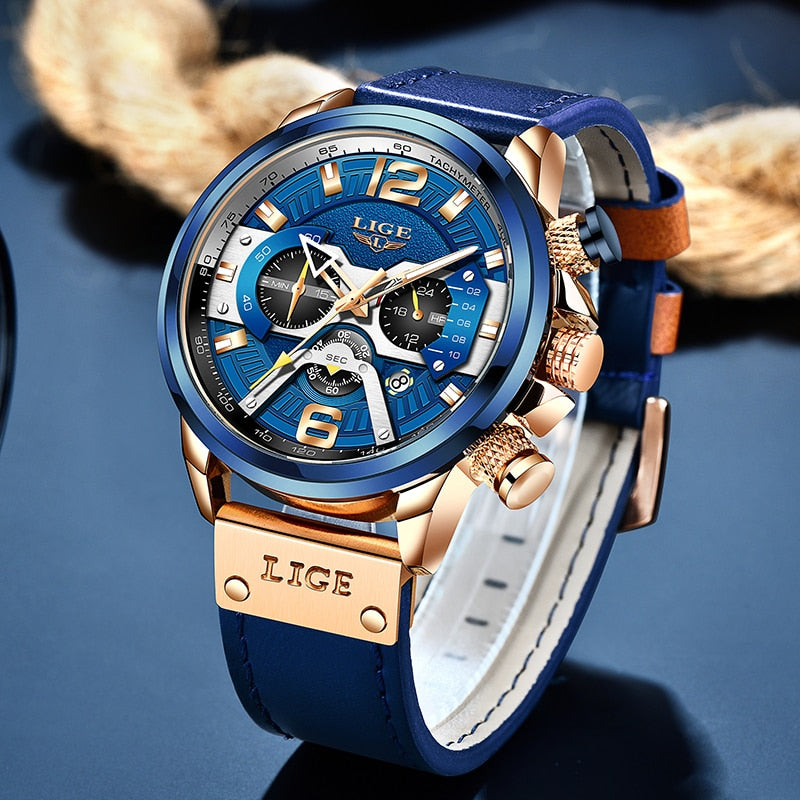 2022 LIGE Men Watches Top Brand Luxury Blue Leather Chronograph Sport Watch For Men Fashion Date Waterproof Clock Reloj Hombre