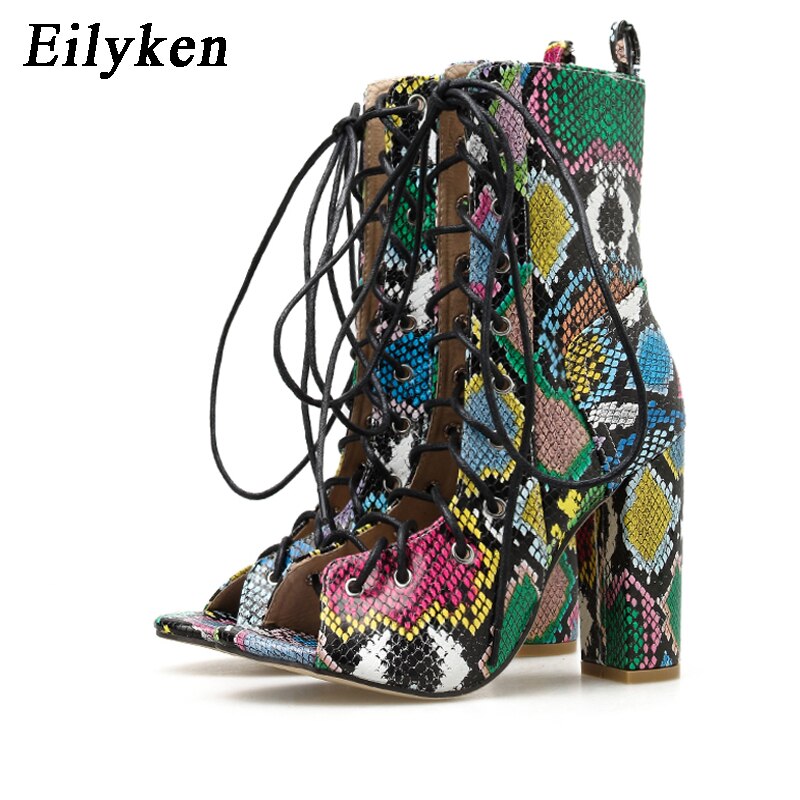 Eilyken Summer Mixed Color Snake Print Women Ankle Boots Sandals High Quality PU Leather Open Toe Hollow Cross Lace-Up Shoes