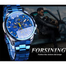 Forsining Mens Automatic Watch Blue Steel Band Calendar 3 Sub Dial Wristwatch Mechanical Waterproof Male Clock Relogio Masculino