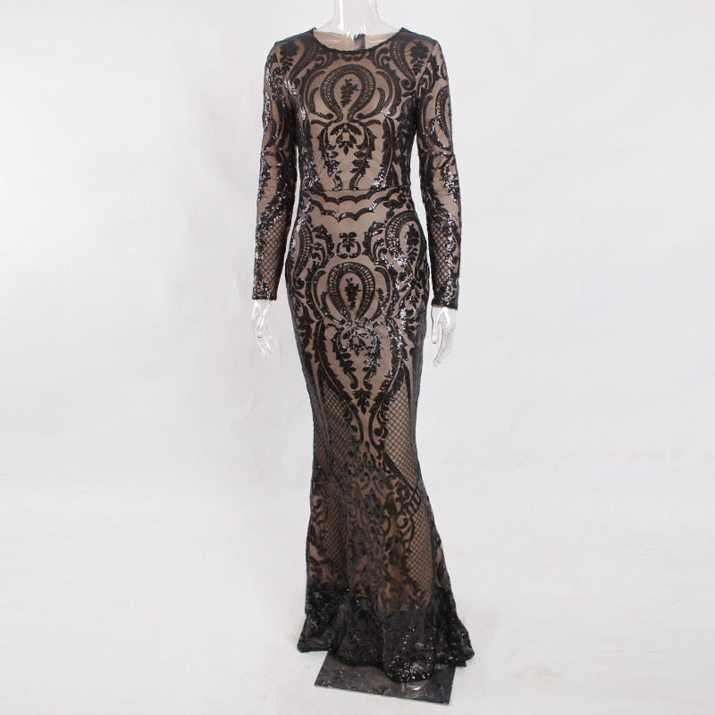 Black Long Sleeve Sequined Maxi Dress Bodycon O Neck Full Length Stretchy Autumn Winter Long Evening Party Dress Black Gold