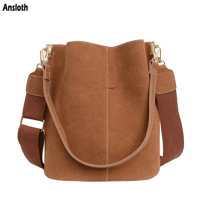 Ansloth Retro High Capacity Bucket Bags Nubuck Leather Shoulder Bag For Women Design Brand Bag Luxury Lady Crossbody Bag HPS1081