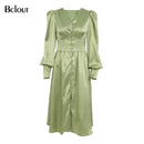Bclout Elegant Satin Single-Breasted Shirt Dress Fashion Beige Slim V Neck Long Dresses Woman Latern Sleeve Autumn Winter Robe