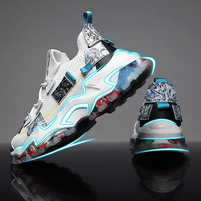 Men Mesh Running Shoes Breathable Sneakers Graffiti Chunky Vulcanized Shoe Trendy Non-Slip Cushioning Sport Zapatillas 2021