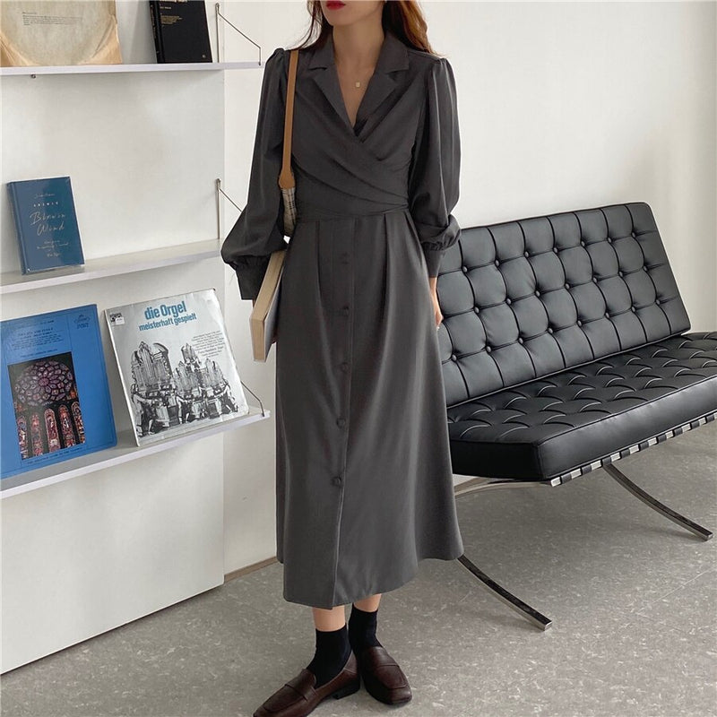 HziriP muescas de un solo pecho mujeres traje vestido nuevo minimalista otoño vestido elegante OL manga larga sólido Vestidos largos Vestidos