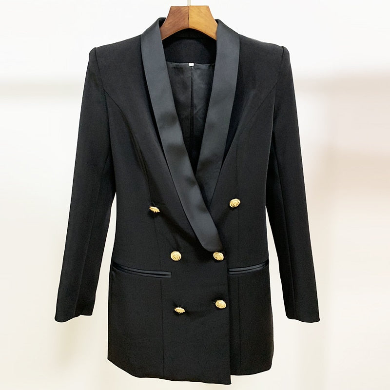 Vestido de diseñador barroco de alta calidad 2022, vestido de cuello de satén de manga larga para mujer, botones de León con doble botonadura, vestido de cuello con muescas
