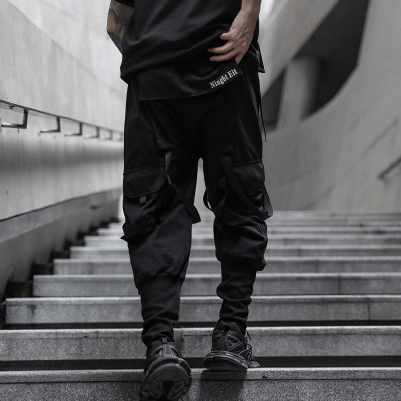 Cotton Hip Hop Cargo Pants Men Streetwear Ribbon Trousers Casual Harem Joggers Sweatpants  Harajuku Tide Brand Mens Clothing