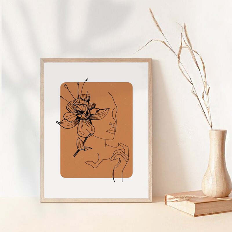 Woman Face One Line Abstract Painting Burnt Orange Terracotta Wall Art Canvas Print Mid Century Boho Picture Living Room Decor