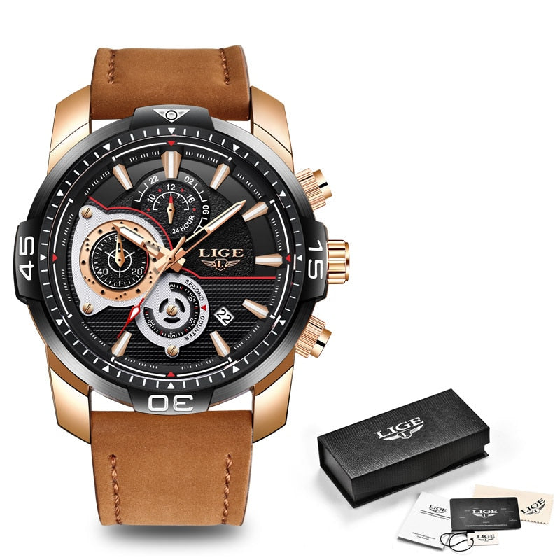 2022 LIGE Mens Watches Top Brand Luxury Casual Leather Quartz Clock Male Sport Waterproof Watch Gold Watch Men Relogio Masculino