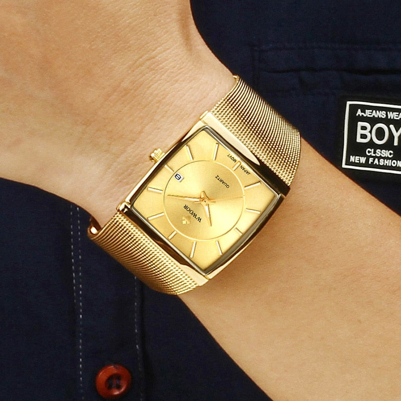 WWOOR Luxus Gold Uhr Männer Quadratisch Japan Quarz Schlank Stahl Mesh Wasserdicht Sport Automatische Datum Armbanduhren Relogio Masculino
