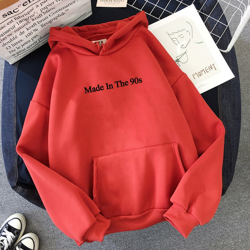 Cool Oversized Women Hoodies Made In The 90s Letter Print Sweatshirt Womens Winter Warm Streetwear Pullovers Thick Hoodie