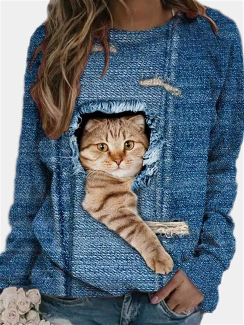 Funny Cute Cat 3D Print Casual Pullovers Women Clothes Spring Autumn Sweatshirts Long Sleeve T-Shirts Lady Clothing Fashion Tops