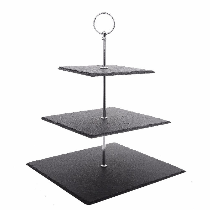 MALACASA Serie Sweet.time 14.5&quot; Tall 3 Tier Square Stone Cake Stand 6&quot;&amp;8&quot;&amp;10&quot; Natural Slate Serving Set with Silver Carry Handle