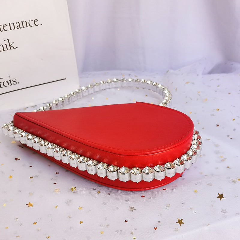Bolsos de mano de noche con corazón rojo de diamante para mujer, bolso negro elegante con mango de acrílico y diamantes de imitación para fiesta de boda, bolso principal