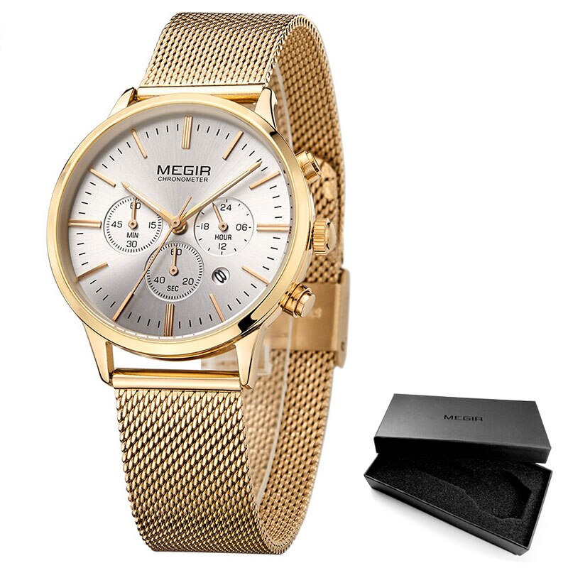 Megir Cronógrafo para mujer Indicador de fecha de manecillas luminosas Correa de malla de acero inoxidable Relojes de pulsera de cuarzo Lady Rose Gold M2011L-1