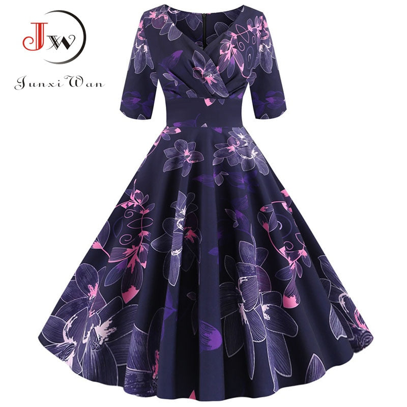 Women flower print Autumn dress Casual Winter half sleeve Elegant Vintage dress Robe femme  pinup office party vestidos