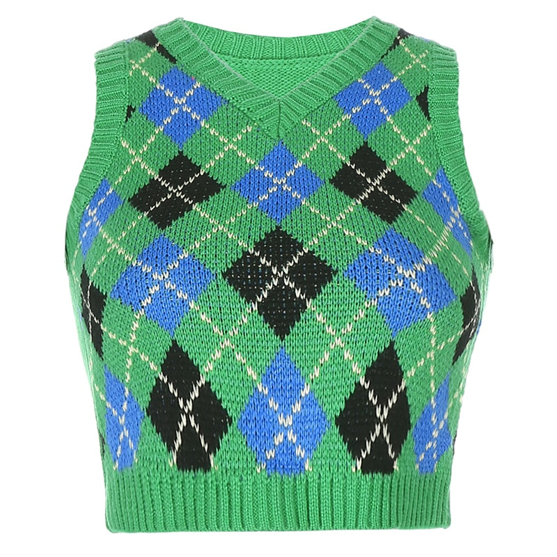 Sweetown Argyle Plaid Knitted Tank Top Female Knitwear Preppy Style Clothes V Neck Casual Crop Sweater Vest 90s Streetwear