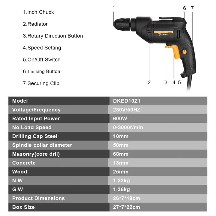 DEKO 220V Electric Screwdriver 2 Functions Electric Rotary Hammer Drill Power Tools Electric Tools(DKIDZ Series)