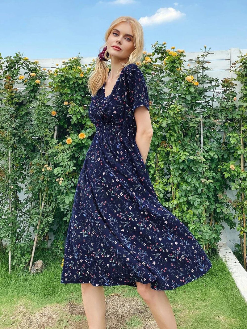 White Floral Printing Summer Chiffon Beach Dress 2022 Casual V-neck Short Sleeve A-line Women Midi Dresses Vestidos