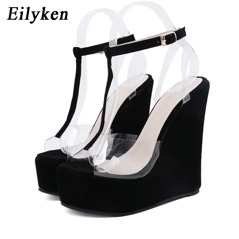 Eilyken New Design Ankle Buckle Strap Sandals Women Platform Wedges High Heels Summer Open Toe PVC Transparent Jelly Shoes