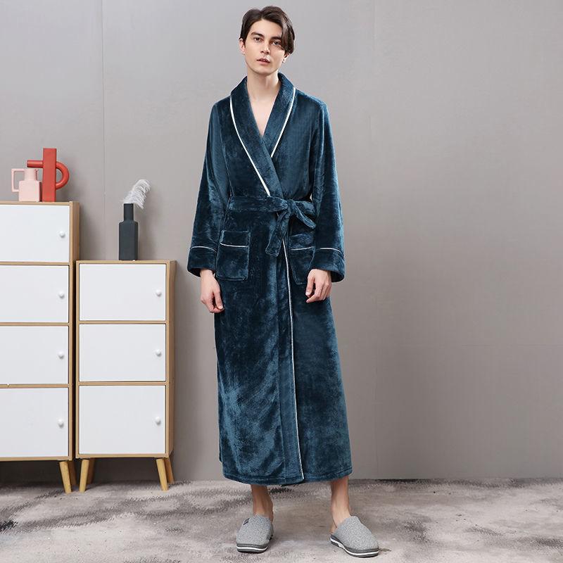 Men Plus Size 3XL Flannel Kimono Bath Gown Ultra Long Large Robe Coral Fleece Nightgown Lovers Couple Thick Warm Sleepwear MR001