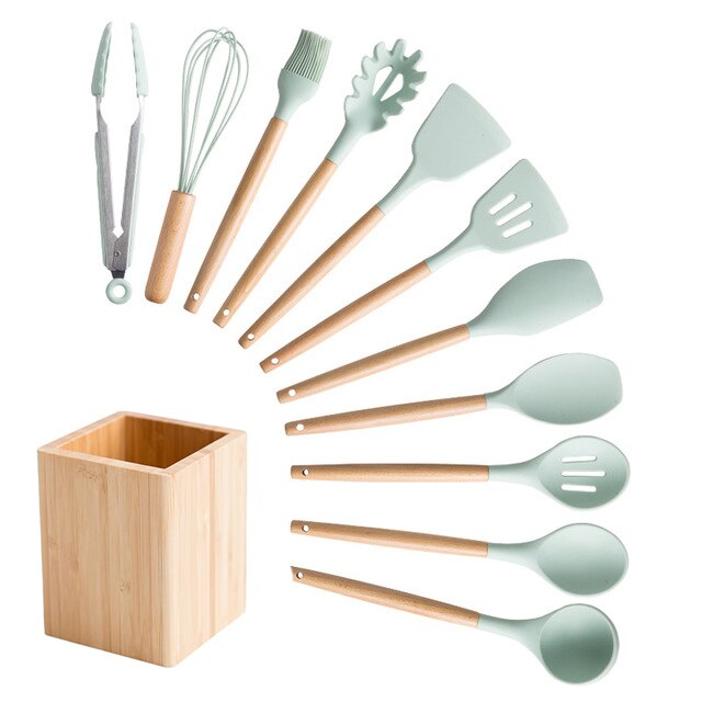 Silicone Cooking Utensils Set Non-stick Spatula Soup Spoon Wooden Handle with Storage Box Kitchen Tools Set Gifts for Mother