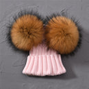 Winter Baby Knit Hat With Two Fur Pompoms Boy Girls Natural Fur Ball Beanie Kids Caps Double Real Fur Pom Pom Hat for Children