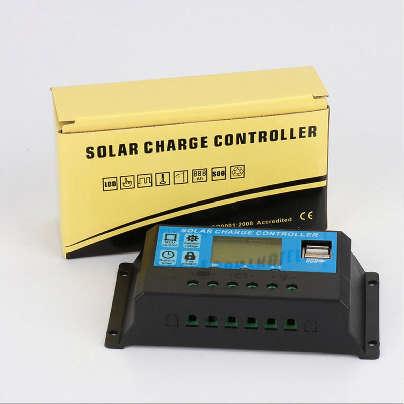 Controlador de carga solar 12V / 24V 10/20 / 30A Auto PWM 5V Salida Panel solar Controlador de batería Regulador con pantalla LCD USB dual