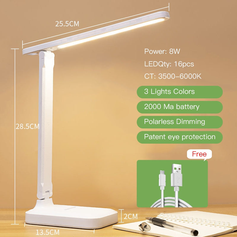 Led Desk Lamp 3 Color Stepless Dimmable Touch Foldable Table Lamp Bedside Reading Eye Protection Night Light DC5V USB Chargeable