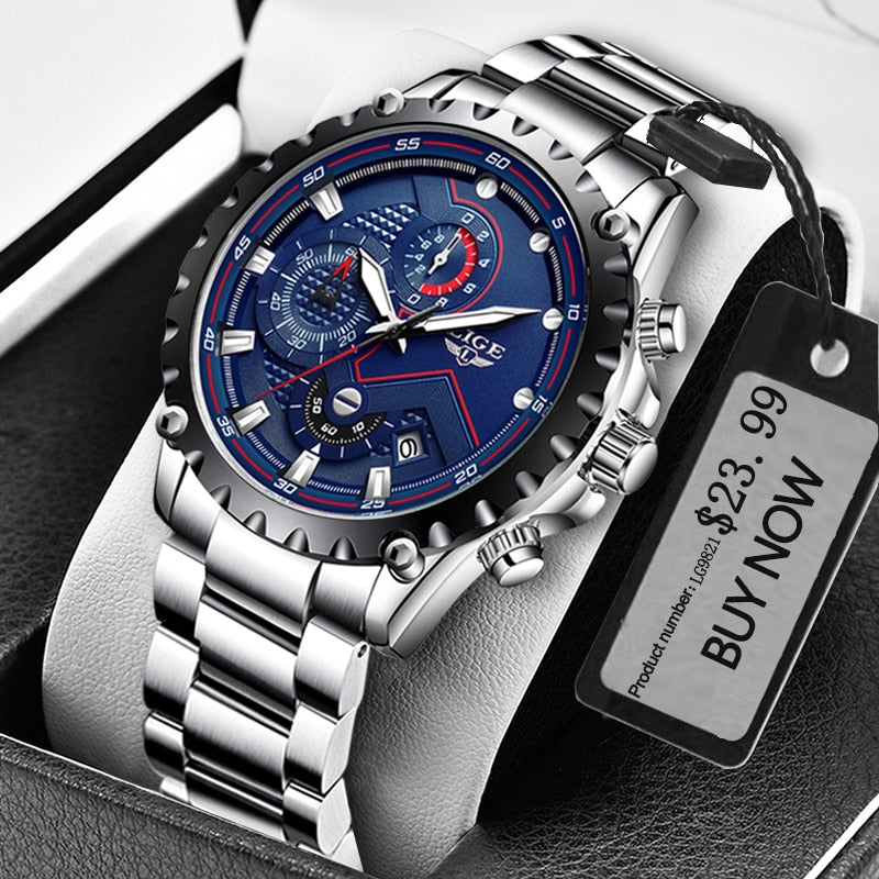 LIGE Fashion Mens Watches Top Luxury Brand Silver Stainless Steel 30m Waterproof Quartz Watch for Men Army Military Chronograph