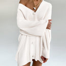 MUICHES Casual V-Neck Single Breasted Sweater Woman Lantern Sleeve Pearl Button Solid Oversized Cardigan 2021 New Fashion