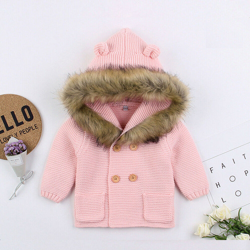 0-24M Winter Warm Newborn Baby Boy Girl Knit Hooded Coat Fur Collar Jacket Clothes Thick Autumn Clothing