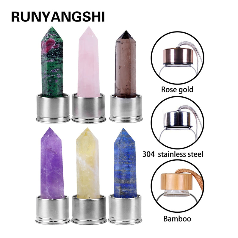 Runyangshi, 1 pieza, botella de agua de cristal de punta de cristal natural con acero inoxidable 304, estilo de cubierta de oro rosa y bambú para regalo