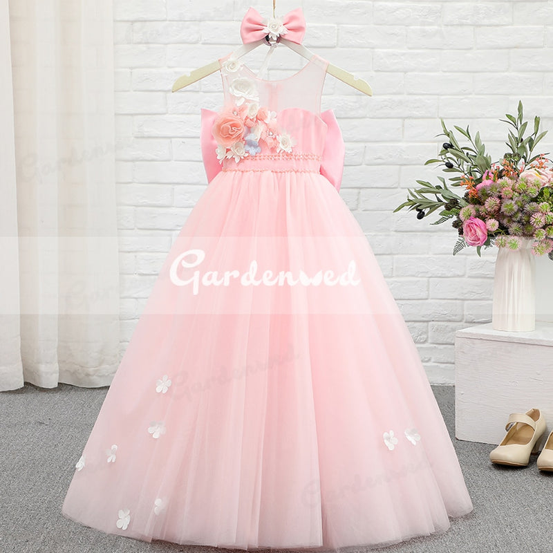 Puffy Pink Girl Ball Gown Dresses Tulle Flower Baby Baptism First Communion Dress Bow Knot Floweer Girl Dress Girl Wedding Dress