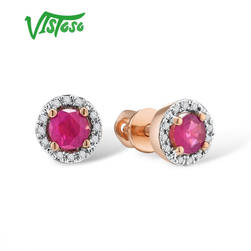 VISTOSO pendientes de oro para mujer genuino 14K 585 oro rosa amarillo redondo 4mm esmeralda azul zafiro rubí pendientes de tuerca joyería fina