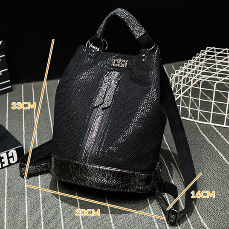 New Fashion Sequins Leather Laptop Backpack Women Female Personality Lock Anti Theft Bagpack Travel Mochila Feminina  Back Pack