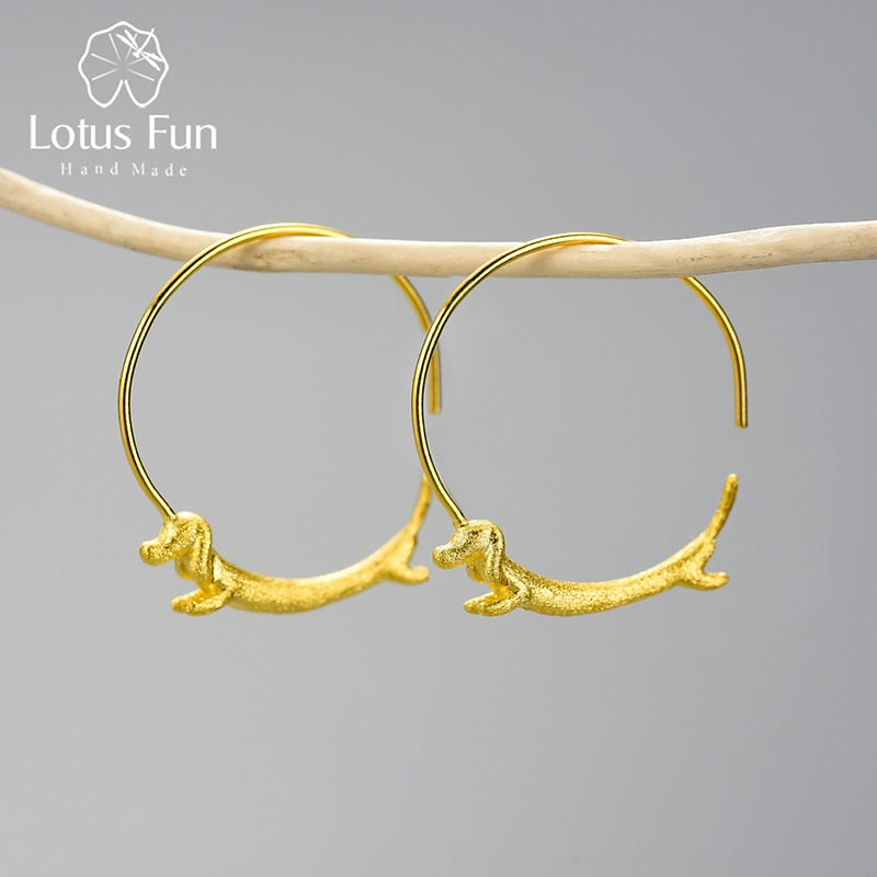 Lotus Fun Lovely Flying Dachshund Dog Big Round Hoop Earrings Real 925 Sterling Silver 18K Gold Earrings for Women Fine Jewelry