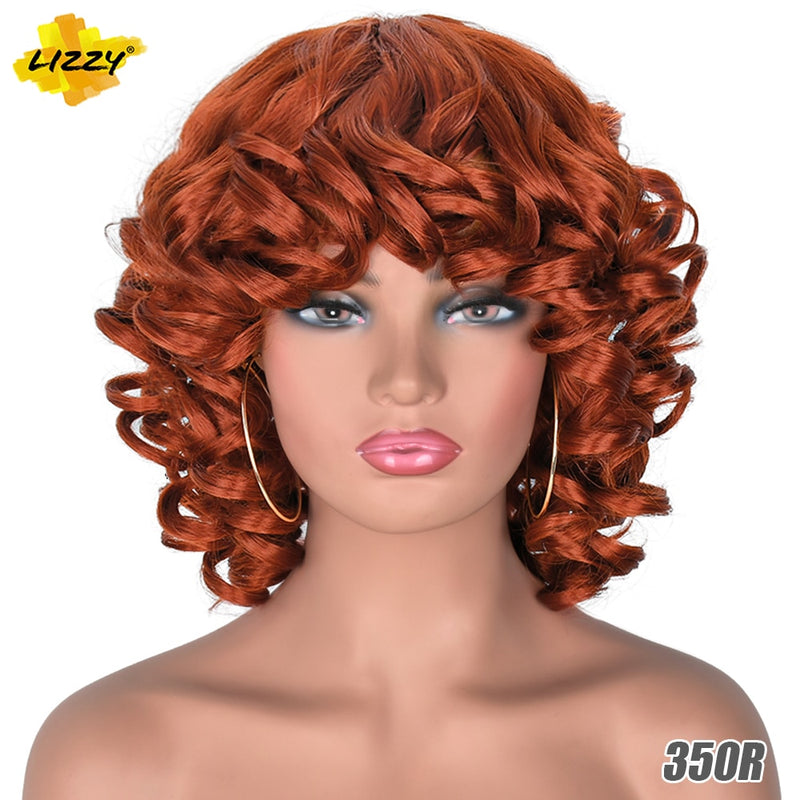 Peluca Afro rizada de pelo corto con flequillo, Cosplay sintético suelto, pelucas naturales esponjosas hasta los hombros para mujeres negras, marrón oscuro, 14"