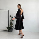 CHURSES Sexy Backless Midi Dress Lantern Sleeve O-Neck Autumn Folds A-Line Fashion Party Night Club Long Dresses For Women