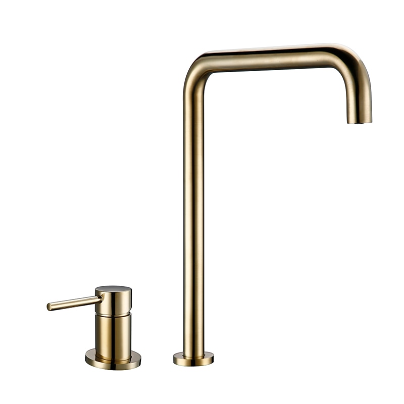 Kitchen Mixer Tap Brush Gold Sdolid Brass Single Handle 360 Degree Swivel Spout Brushed Gold 2 Hole Deck Mounted Sink Faucet