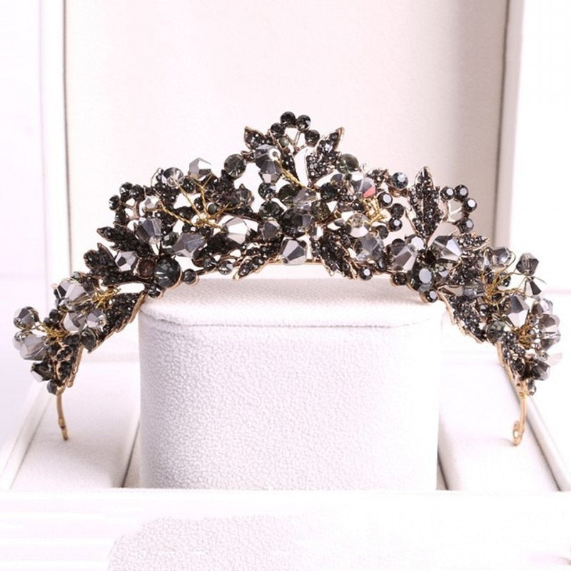 Baroque Black Crystal Big Round Bridal Tiaras Crowns Pageant Prom Diadem Rhinestone Veil Tiara Headband Wedding Hair Accessories