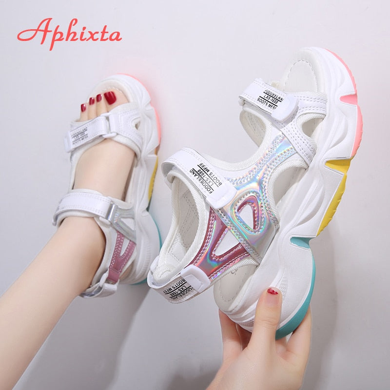 Aphixta, tamaño grande, 42 tacones de cuña, sandalias para mujer, diseño de suela arcoíris, sandalias de plataforma de 5,5 cm para mujer, zapatos de aumento de altura para mujer