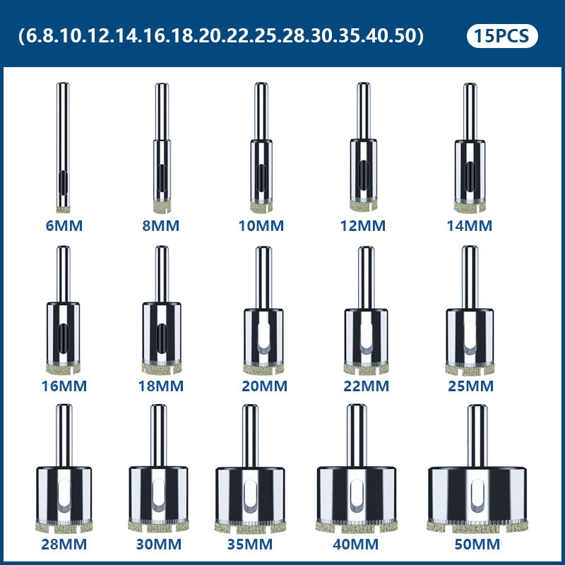 CMCP 10/15/18/28pcs Diamond Coated Drill Bit Set Tile Marble Glass Ceramic Hole Saw Drilling Bits For Power Tools 3mm-60mm