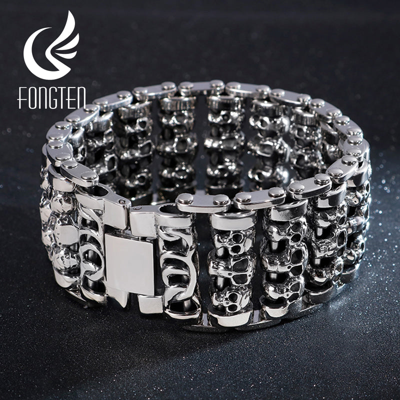 Fongten, venta al por mayor, pulseras de acero inoxidable con calavera ancha para hombres, abalorio vikingo de motorista de Metal, pulsera grande de plata para hombres, brazalete, joyería