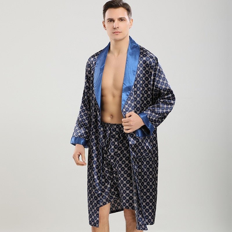 Men Robe Sets Satin Kimono Gown Male Sleepwear Bathrobe Faux Silk 2PCS Robe&amp;Shorts Suit Casual Nightwear Lounge Wear Homewear