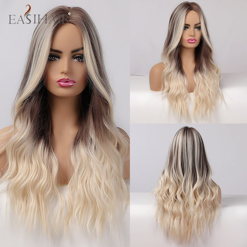 EASIHAIR Lange hellblonde Perücken im Ombré-Stil mit natürlichen Wellen, hitzebeständig, synthetische Perücken, Mittelteil, Cosplay-Perücken für Frauen