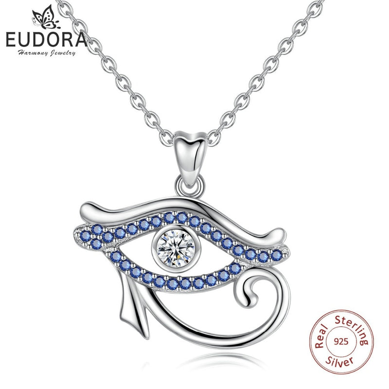 EUDORA 925 Plata de Ley cristal azul Antiguo Egipto Ojo de Horus colgante collar ojo de la suerte joyería fina regalo de cumpleaños D341