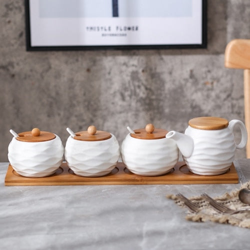 Ceramic Condiment Storage Jar Household Seasoning Pot Bamboo Tray Spice Jar Soy Sauce Box Salt Sugar Can Kitchen Organizer Tools